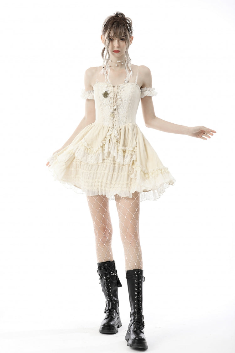 Robe de remise des diplômes Steampunk à volants multicouches à manches courtes et en dentelle pour femmes abricot