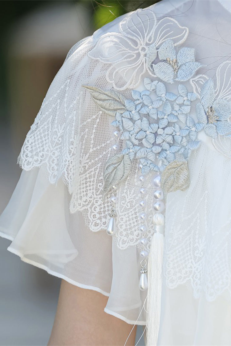 Robe Lolita élégante de style chinois doux avec manches courtes imprimées, volants en dentelle et message d'hortensia blanc 