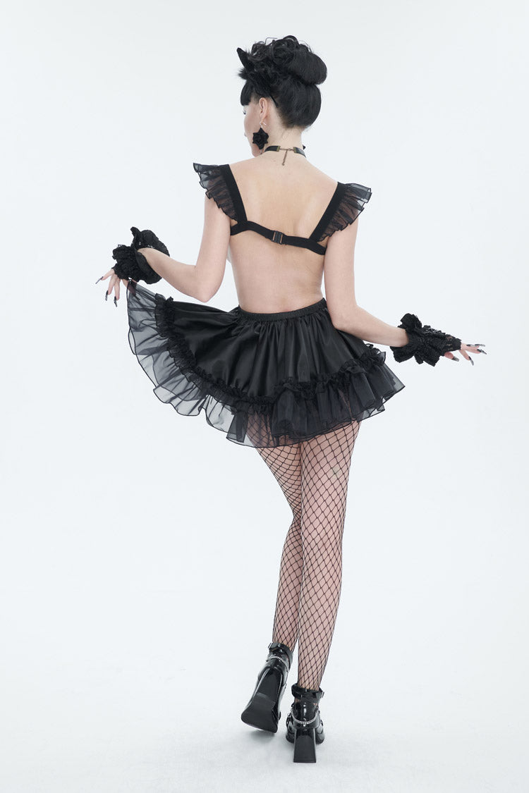 Black Glossy Sheer Ruffled Stretch Sexy Women's Gothic Maid Dress