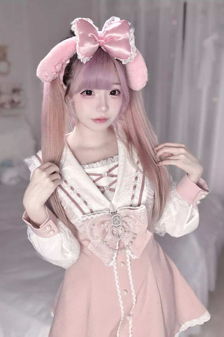 Sweet Long Sleeves Print Bowknot Jirai Kei Japanese Dress Set 3 Colors