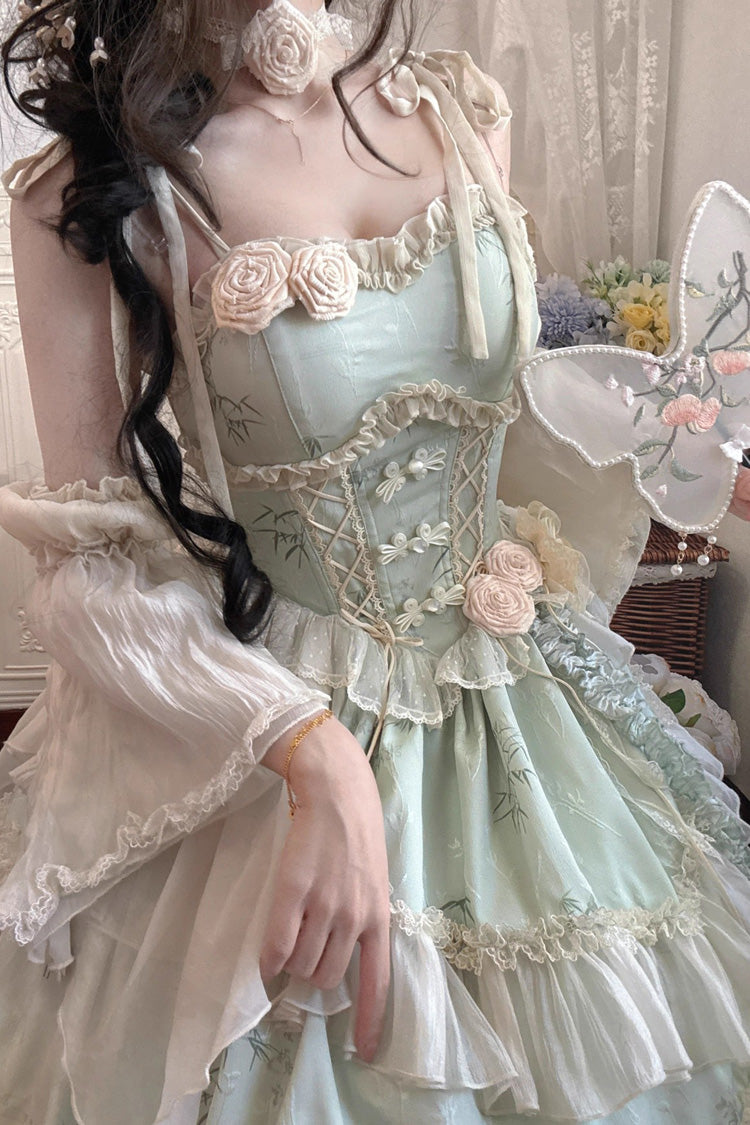 Green [Tea Bamboo Song] Sleeveless Print Ruffle Bowknot Sweet Chinese Style Elegant Ballet Lolita Jsk Long Dress