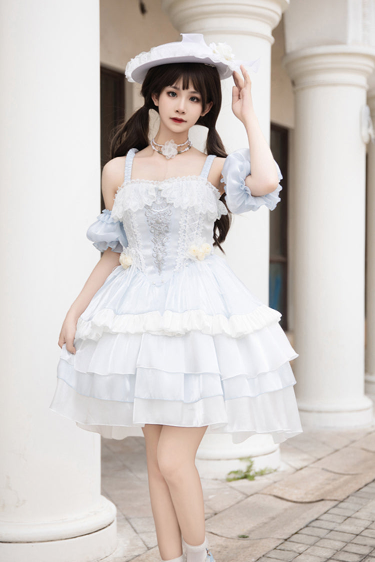 Light Blue [Rose Of The Night Sea And Starry Sky] Off Shoulder Multi-Layered Ruffle Embroidery Sweet Lolita Dress