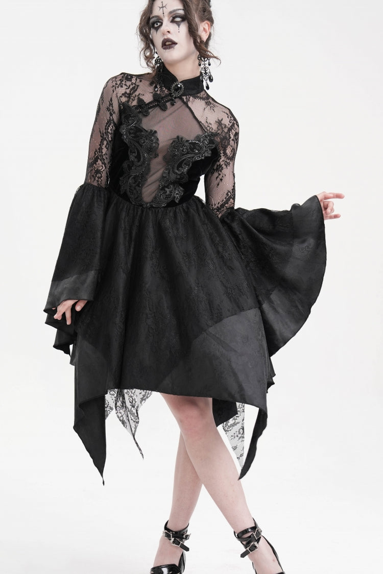 Schwarzes Gothic-Kleid mit langen Ärmeln, Stickerei, Spitze, Schnürung, unregelmäßigem transparentem Netzstoff für Damen