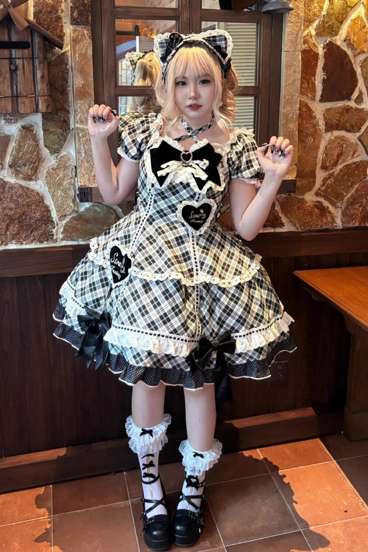 Black/White [Shibuya Sweetheart] Short Sleeves Plaid Print Ruffle Bowknot Sweet Lolita OP Dress (Plus Size Support)