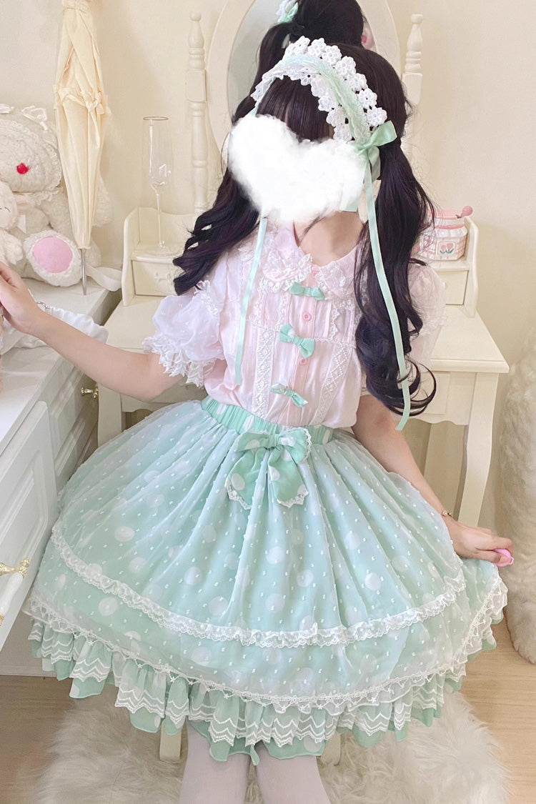 [Wave Candy] Jupe Lolita douce à nœud à volants imprimé triple couche 3 couleurs 