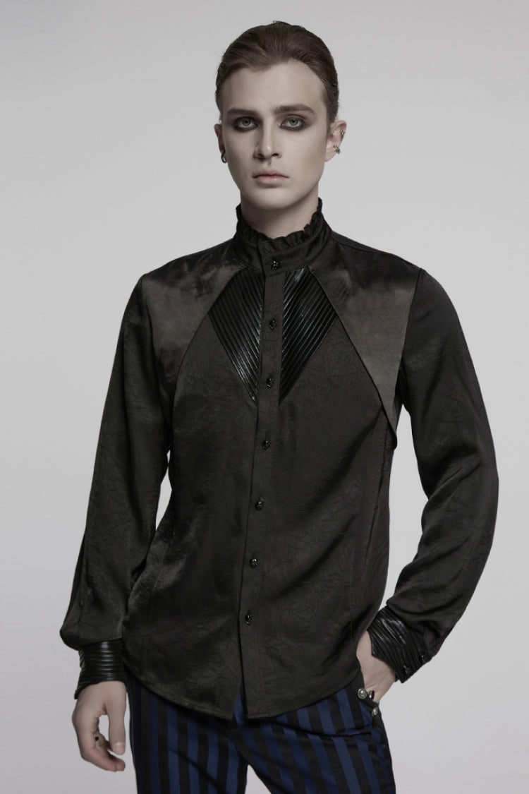 Schwarze Stehkragen Langarm Rüschen Plissee Herren Gothic Bluse 