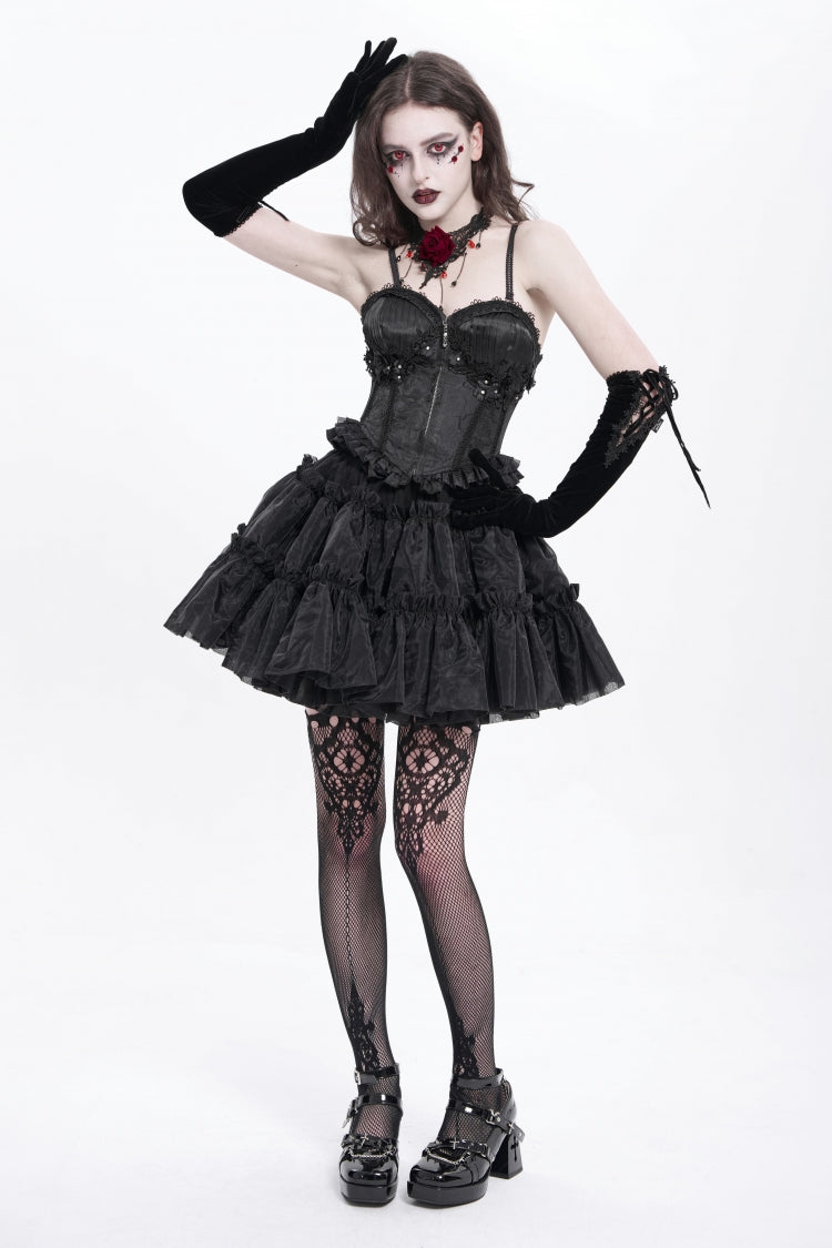 Black Sleeveless Ruffle Embroidery Lace-Up Women's Gothic Tank Top