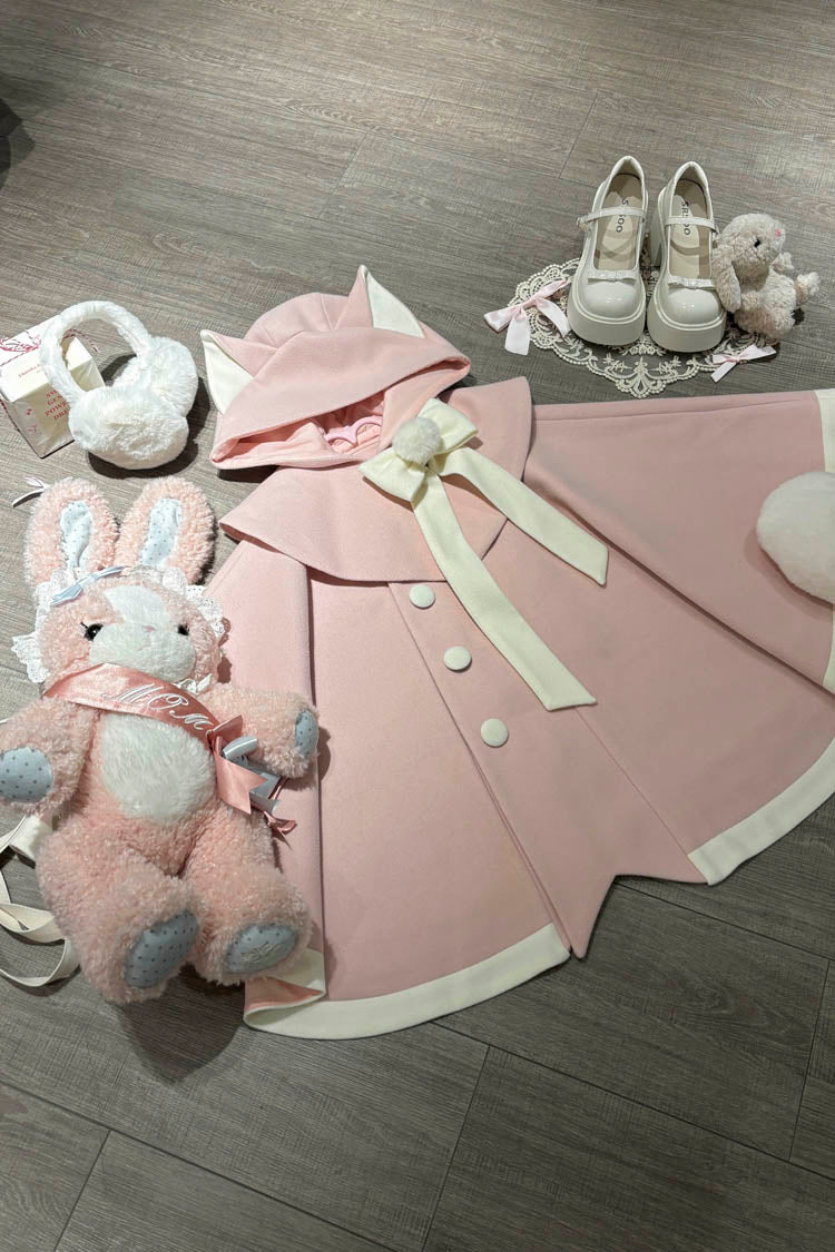 Black/Pink Bat Bowknot Cloak Wool Sweet Lolita Coat