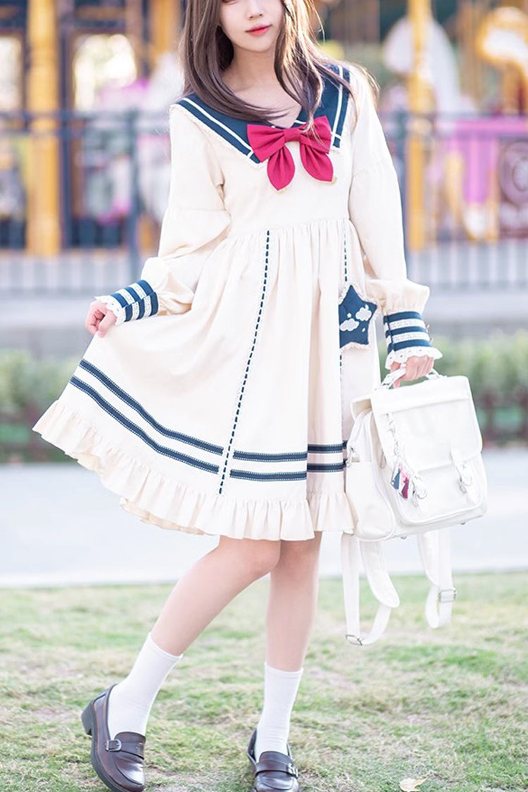 College Navy Style Bowknot Ruffle Long Sleeves Sweet Lolita Dress