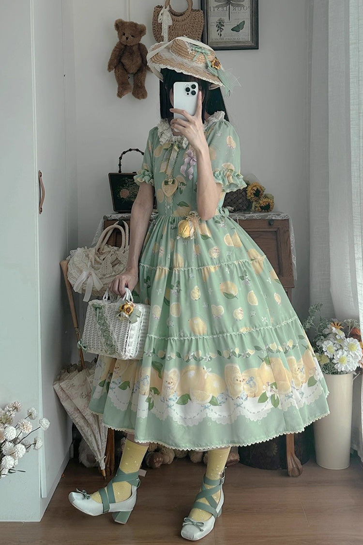 Green [Lemon Chicken] Short Sleeves Print Ruffle Bowknot Lace Daily Sweet Lolita Dress