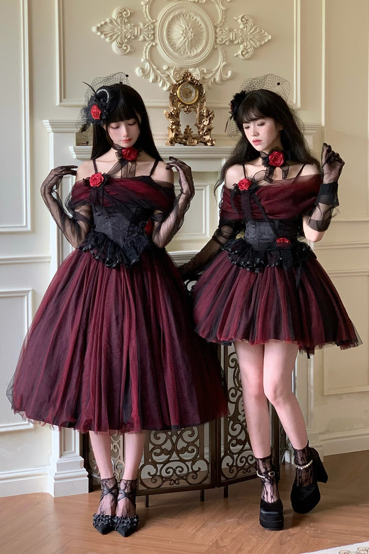 Robe Lolita gothique à volants et épaules dénudées noir/rouge [Sanglin's Tribute]