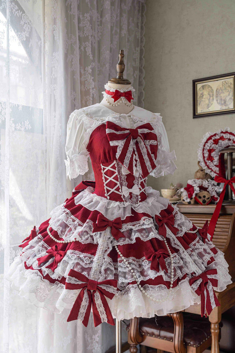 Robe Jsk Lolita douce sans manches à plusieurs couches avec nœud en dentelle et volants [Petits Gâteaux] rouge 