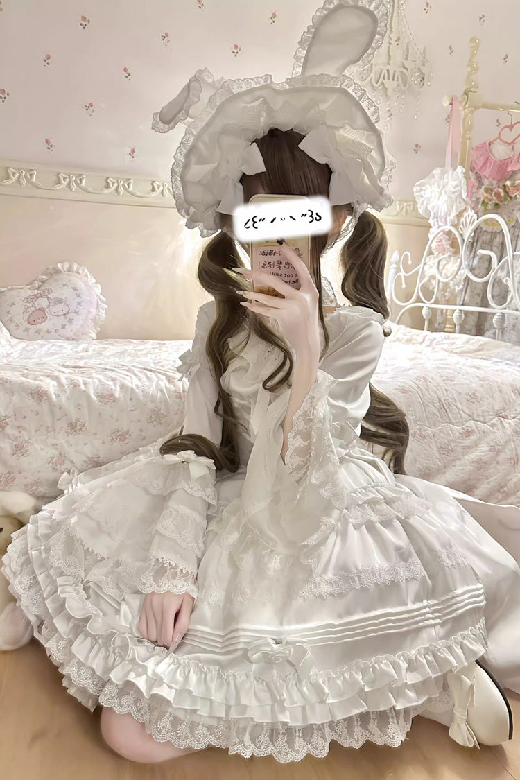 Robe Sweet Lolita en dentelle avec manches courtes à volants, nœud papillon et glaçage blanc [en crème au beurre en couches] 