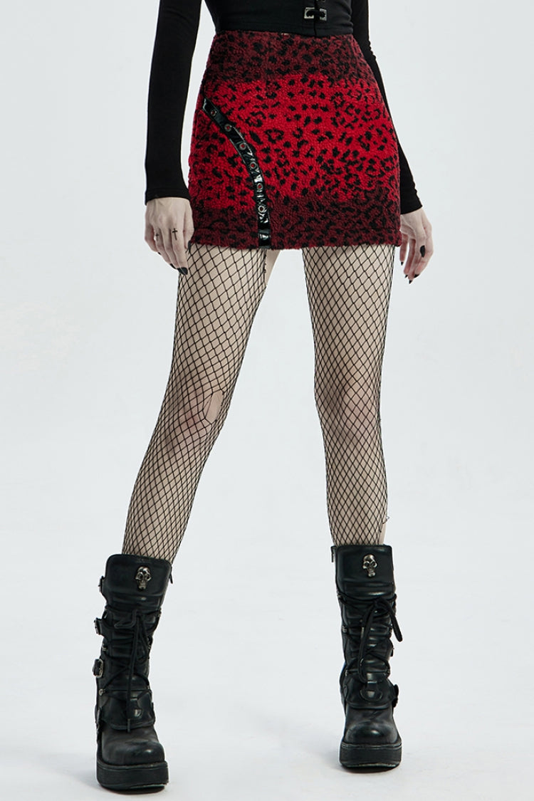 Red Leopard Print Leather Strap Decoration Women's Steampunk Mini Skirt