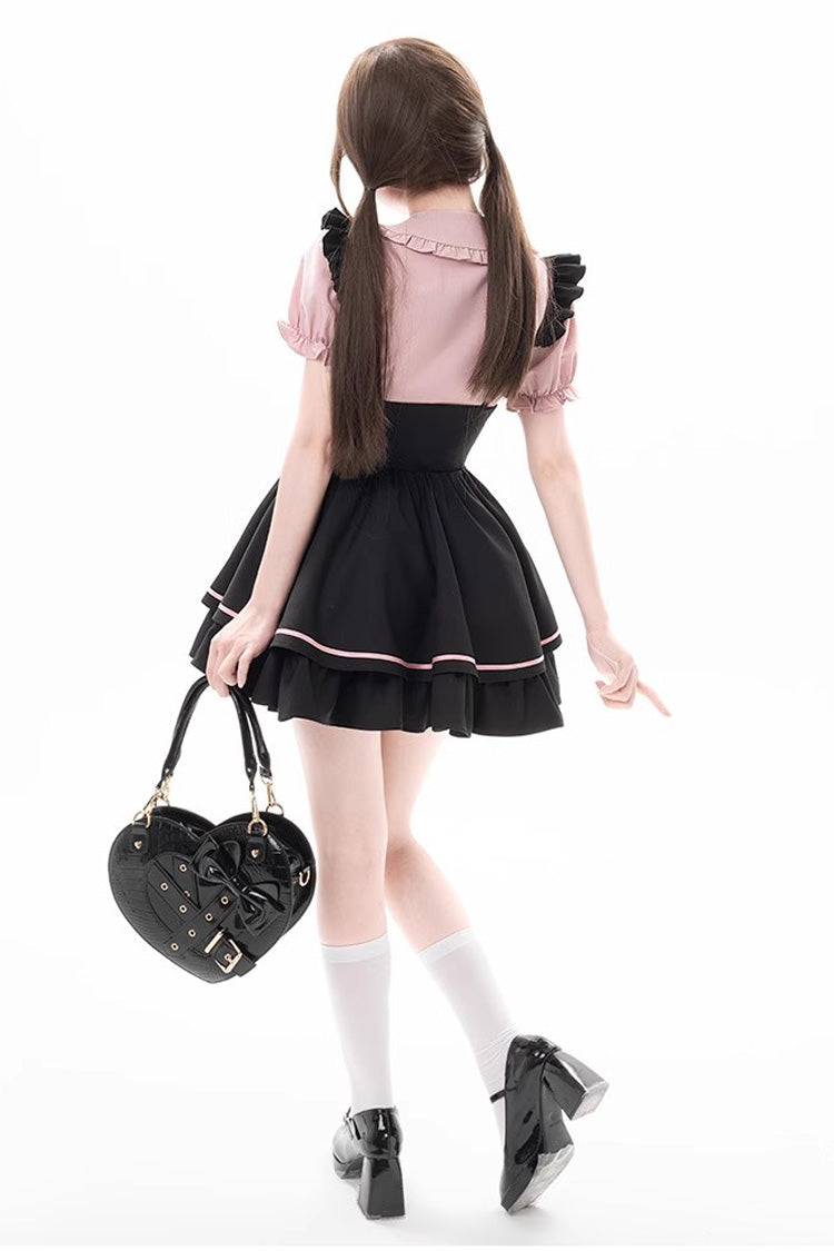 Noir/Rose Premier Sakura Manches Courtes Multi-couches Lacets Doux Jirai Kei Ensemble Japonais 