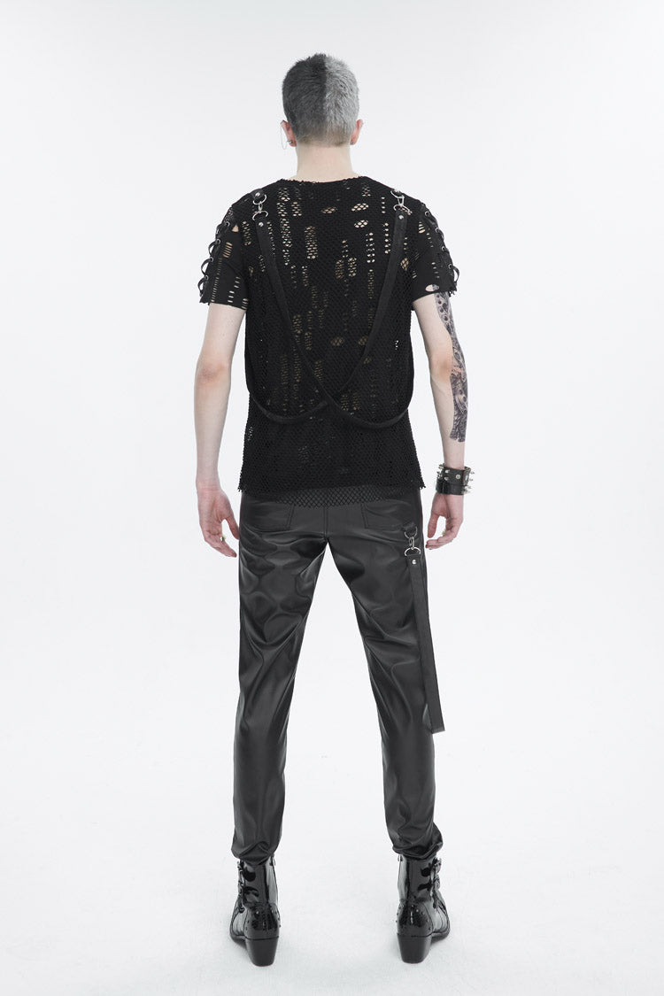 Black Half Hollow Shoulder Tie Design Men's Punk T-Shirt
