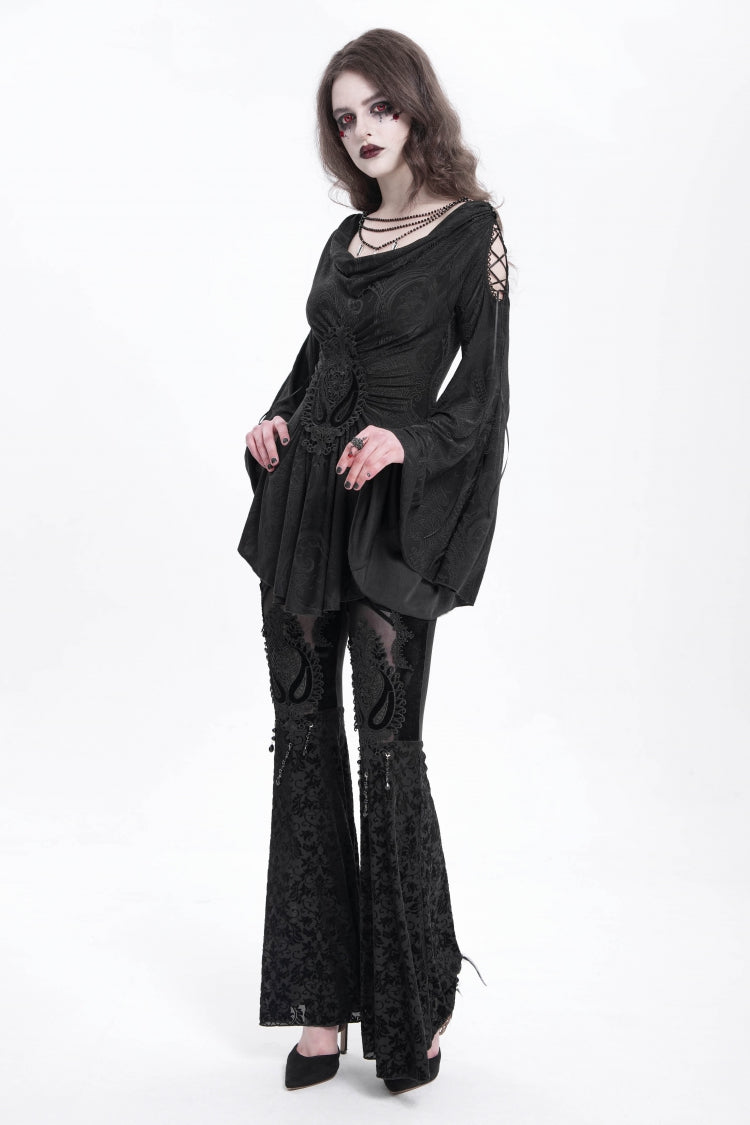 Black Hollow Floral Embroidery Women's Gothic Flared Pants
