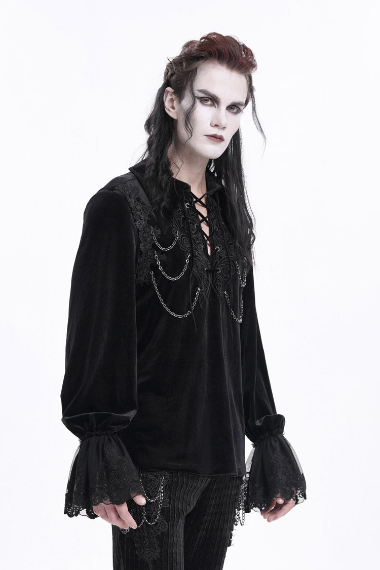 Black V Collar Long Sleeves Lace-Up Chain Men's Gothic Blouse