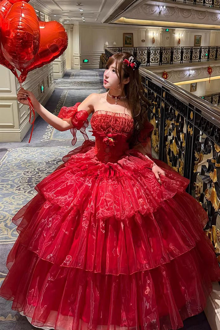 Rouge [Mousse Love Song] Robe Lolita douce sans manches à volants multicouches Hanayome Bow