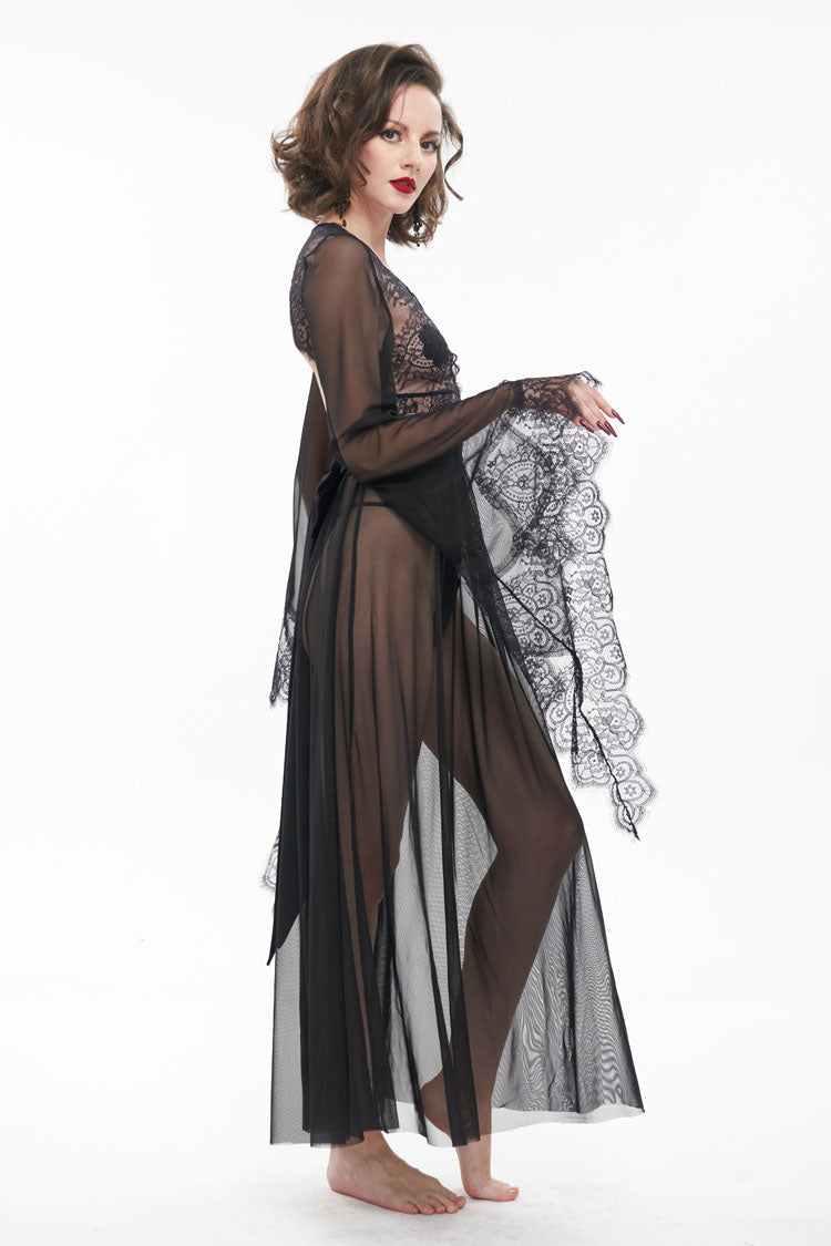 Schwarzes, perspektivisches, sexy, rückenfreies Kleid mit V-Ausschnitt und Schnürung und ausgestellten Ärmeln für Damen im Gothic-Stil