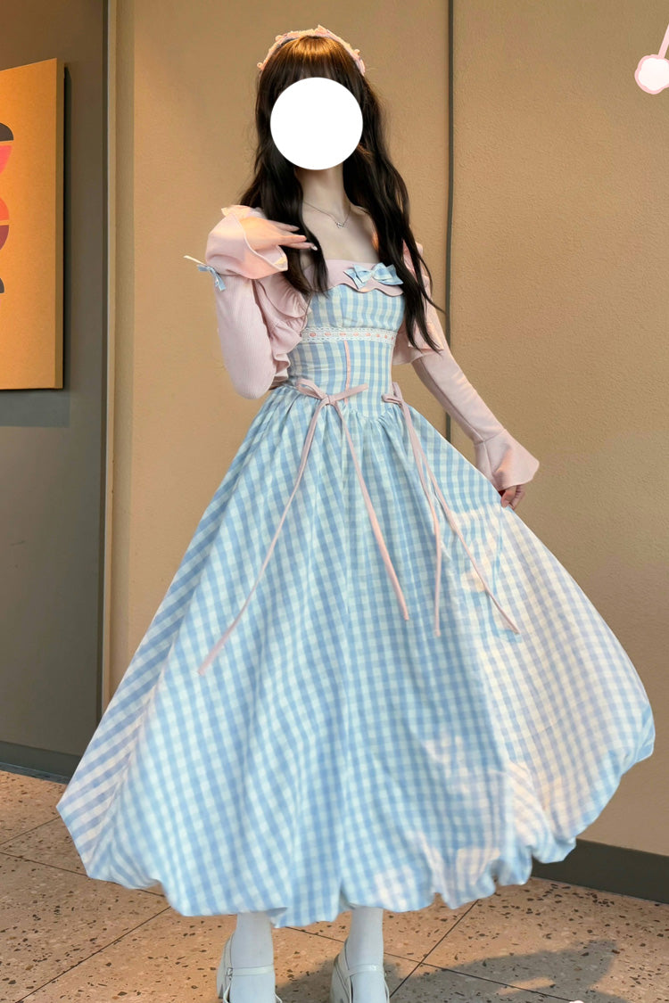 Blue [Sea Salt Strawberries] Sleeveless Plaid Print Bowknot Sweet Lolita Jsk Long Dress