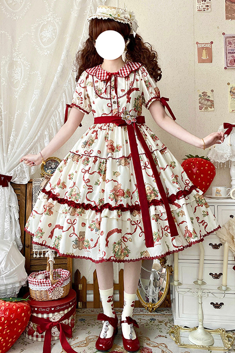 [Bear's Strawberry Garden] Lapel Collar Short Sleeves Print Bowknot Sweet Lolita Dress 4 Colors