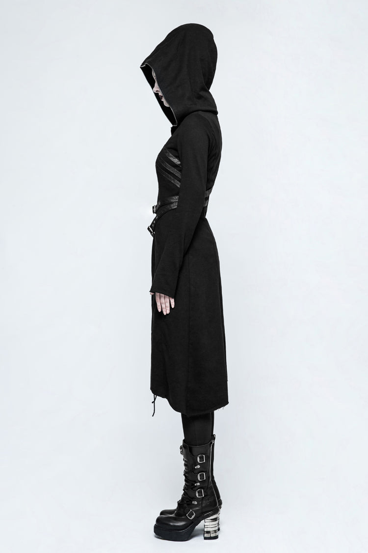 Black Long Sleeves Hooded Asymmetric Women's Gothic Military Coat With Belt