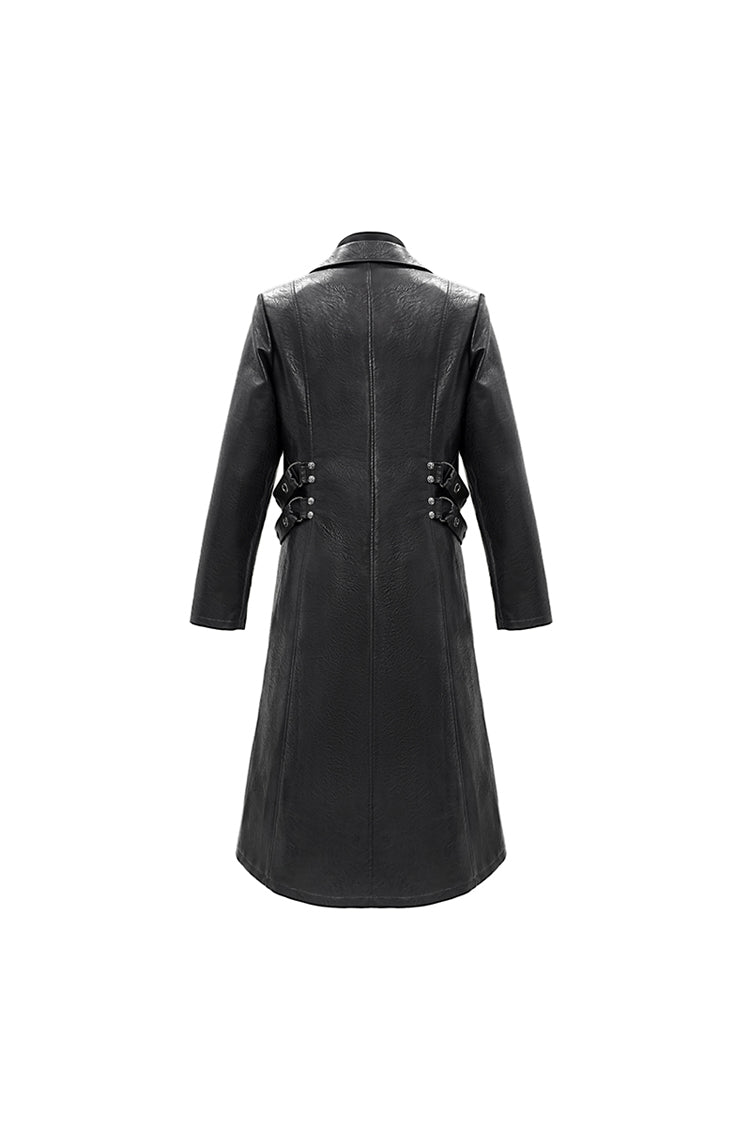 Black Stand Up Collar Waist Leather Hasp Leather Long Men's Punk Coat