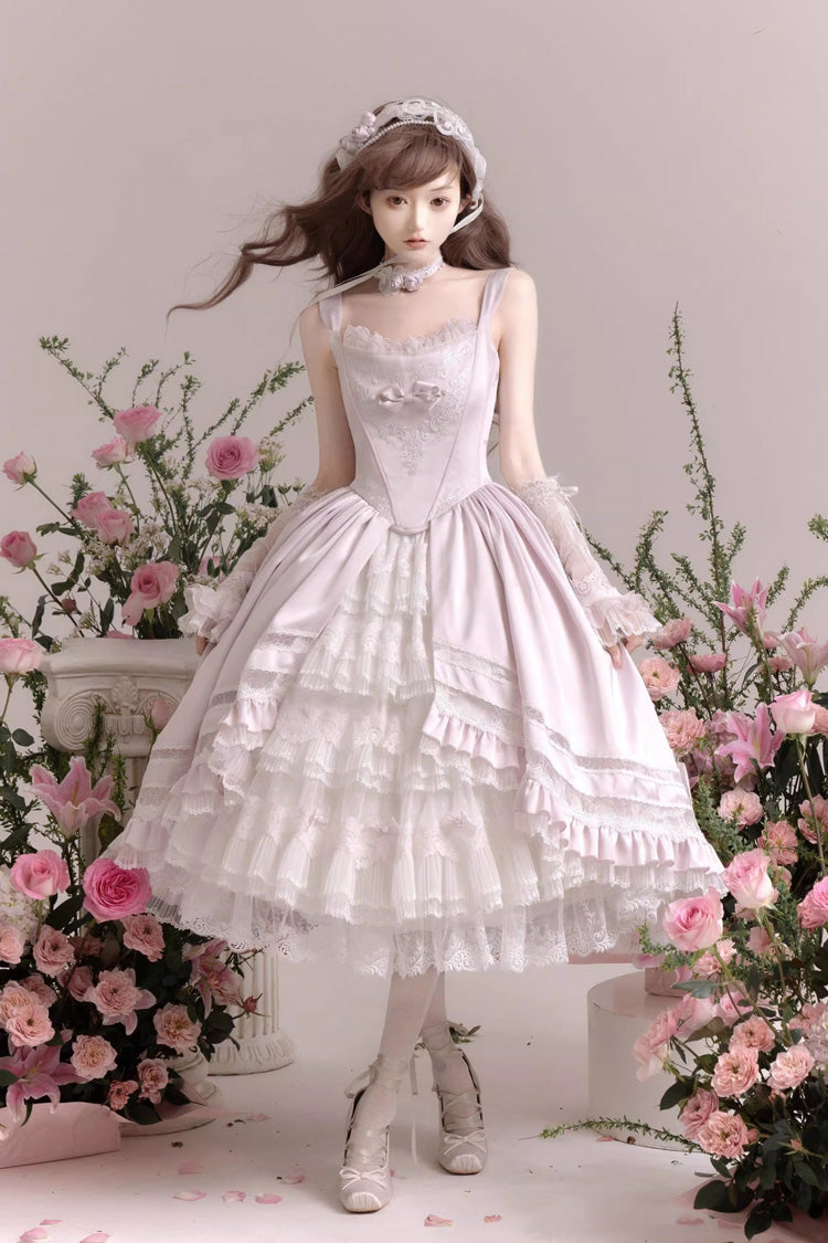 Pink [Promise of the Rose] Multi-Layered Ruffled Hanayome Open-Front Bow Sweet Gorgeous Lolita Jsk Dress Set