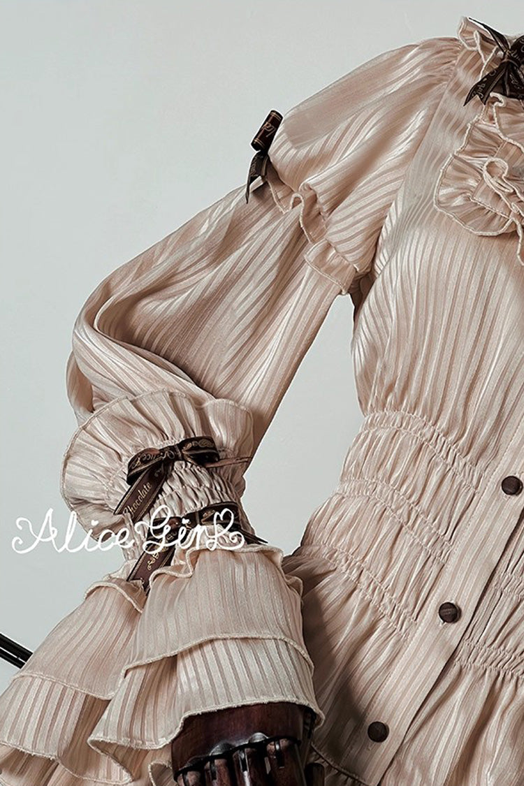 [Teddy Bear Chocolate] Round Collar Long Trumpet Sleeves Ruffle Bowknot Sweet Lolita Blouse 3 Colors