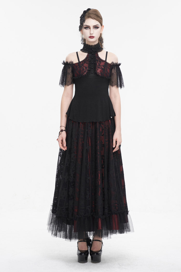 Black/Red Off Shoulder Lace Round Collar Splice Women's Gothic Shirt