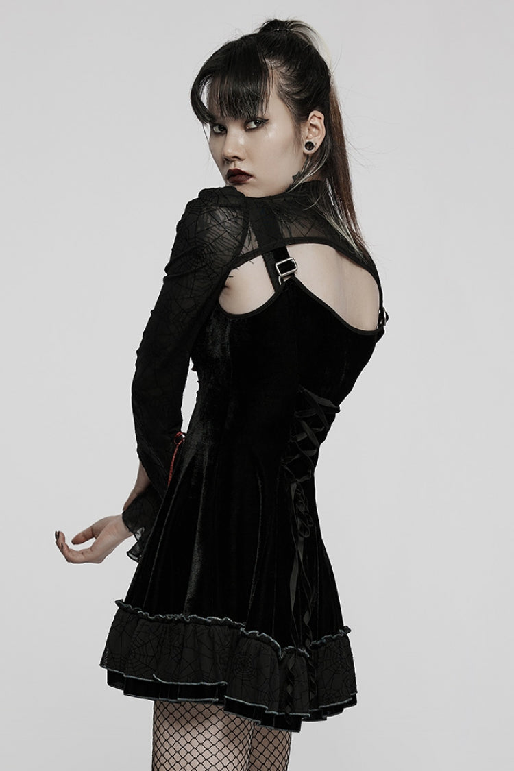 Black Long Sleeves Ruffle Stitching Lace Two Pieces Women's Gothic Dress