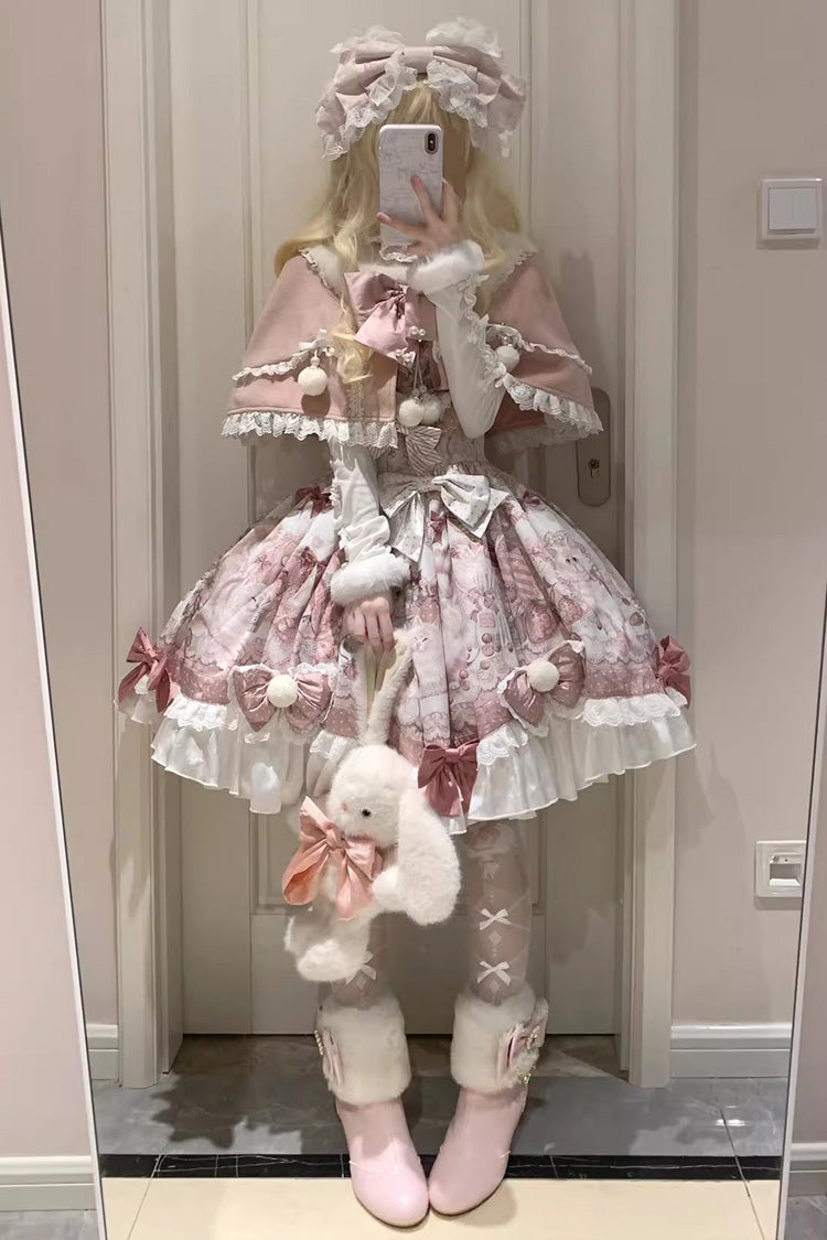 Pink [Cat Dessert House] Print Ruffle Bowknot Sweet Lolita Jsk Dress Set