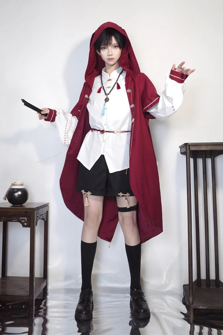 Red/White/Black Stand Collar Long Sleeves Rabbit Ears Hooded Sweet Chinese Style Prince Ouji Lolita Robe Blouse Shorts Set