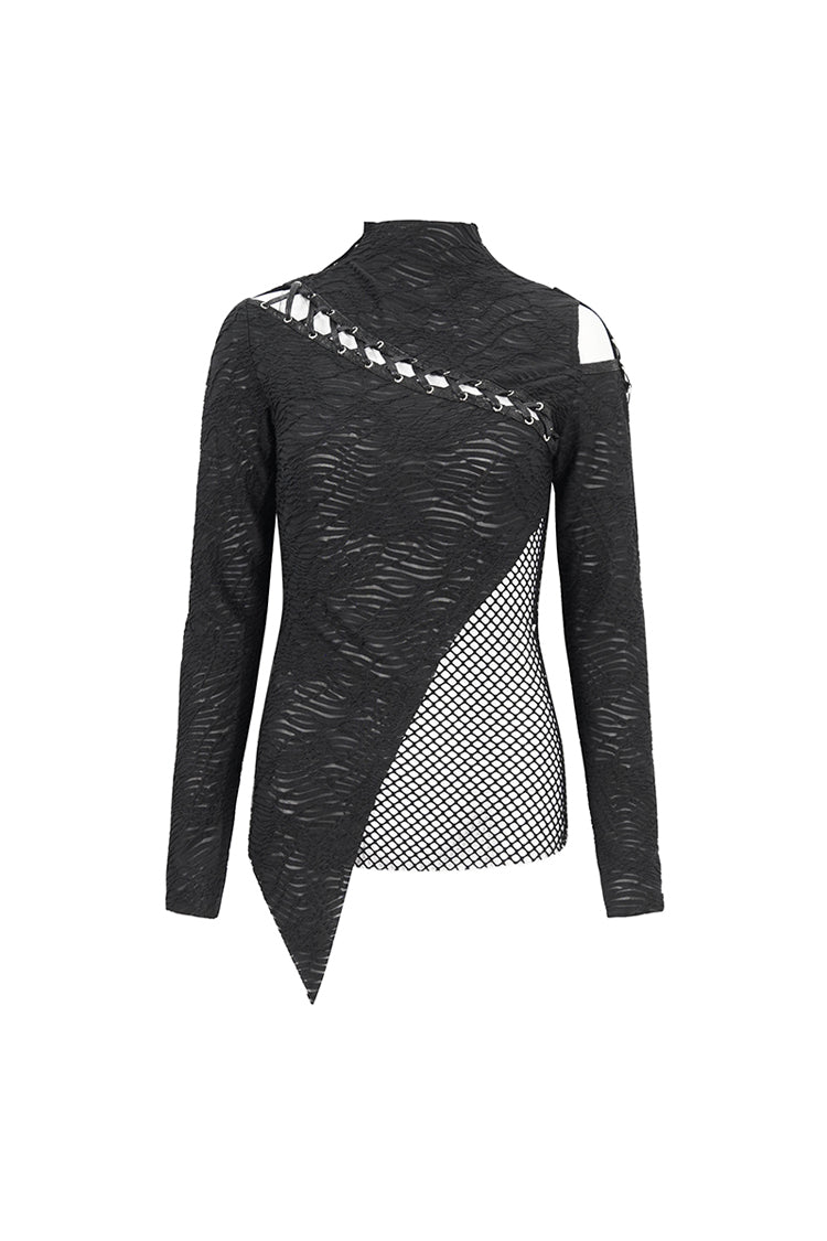 Schwarzes Gothic-Shirt mit Riemchen und Cutout aus Netzstoff für Damen