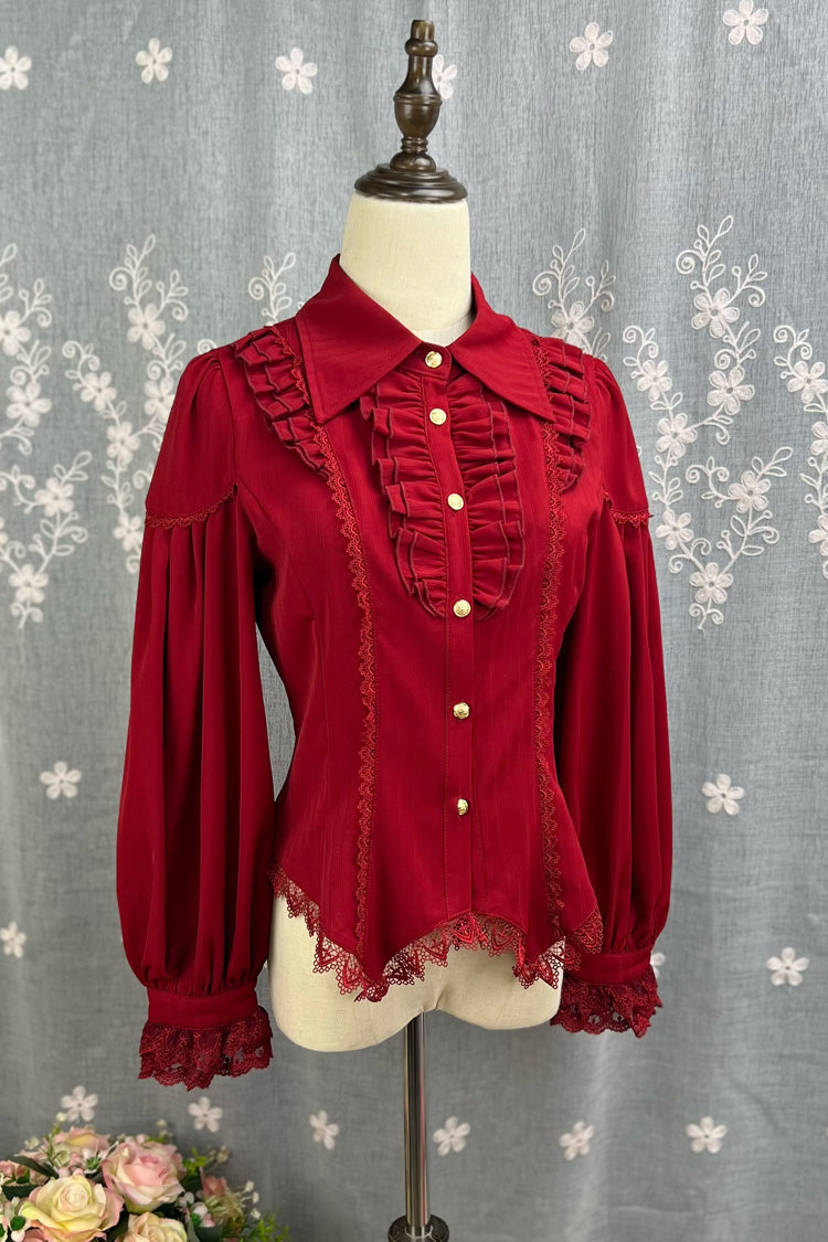 [Späte Nacht] Reverskragen Langarm Rüschen Spitze Schlanke Süße Lolita Bluse 6 Farben 
