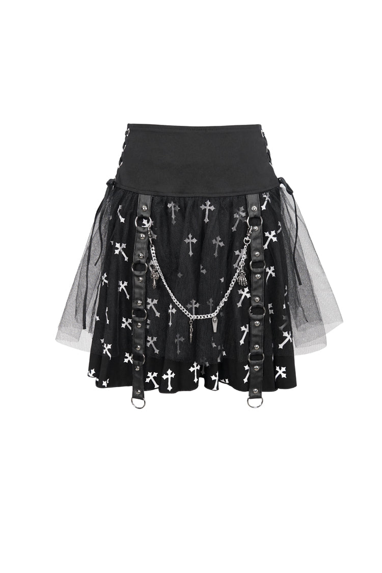 Black/White Knitted Fabric Cross Print Side Waist Straps Detachable Metal Chain Women's Punk Skirt