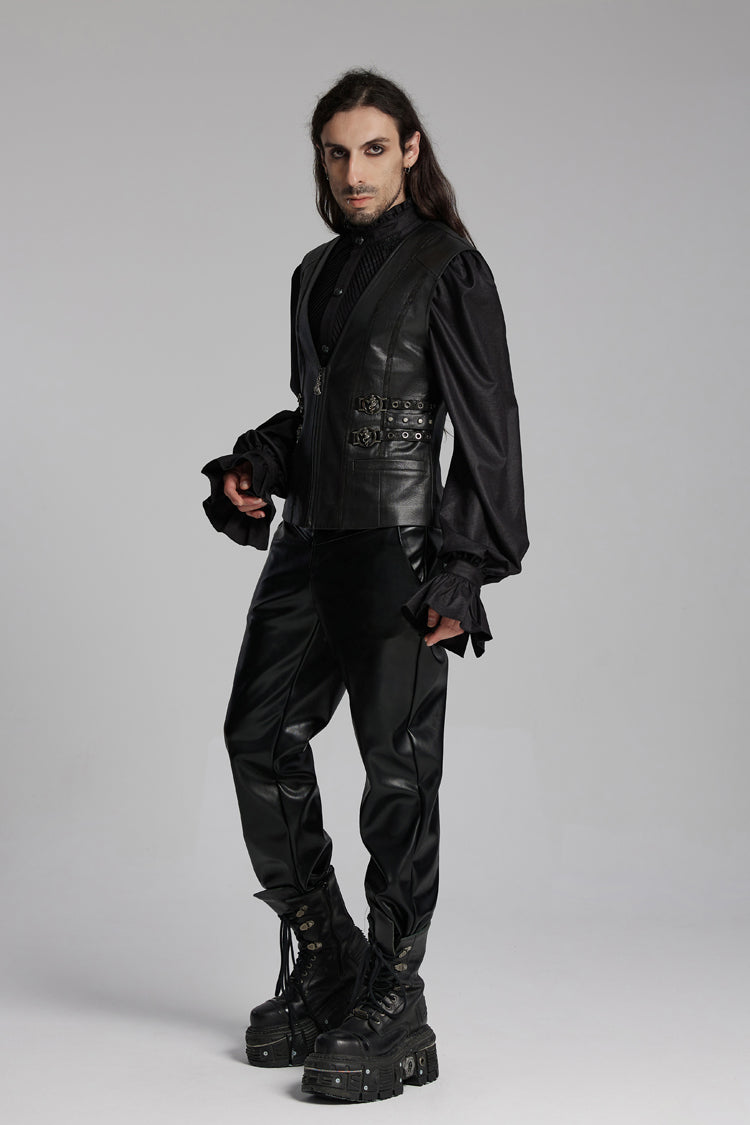 Black V Collar Sleeveless Buckle-up Zip Men's Gothic Vest