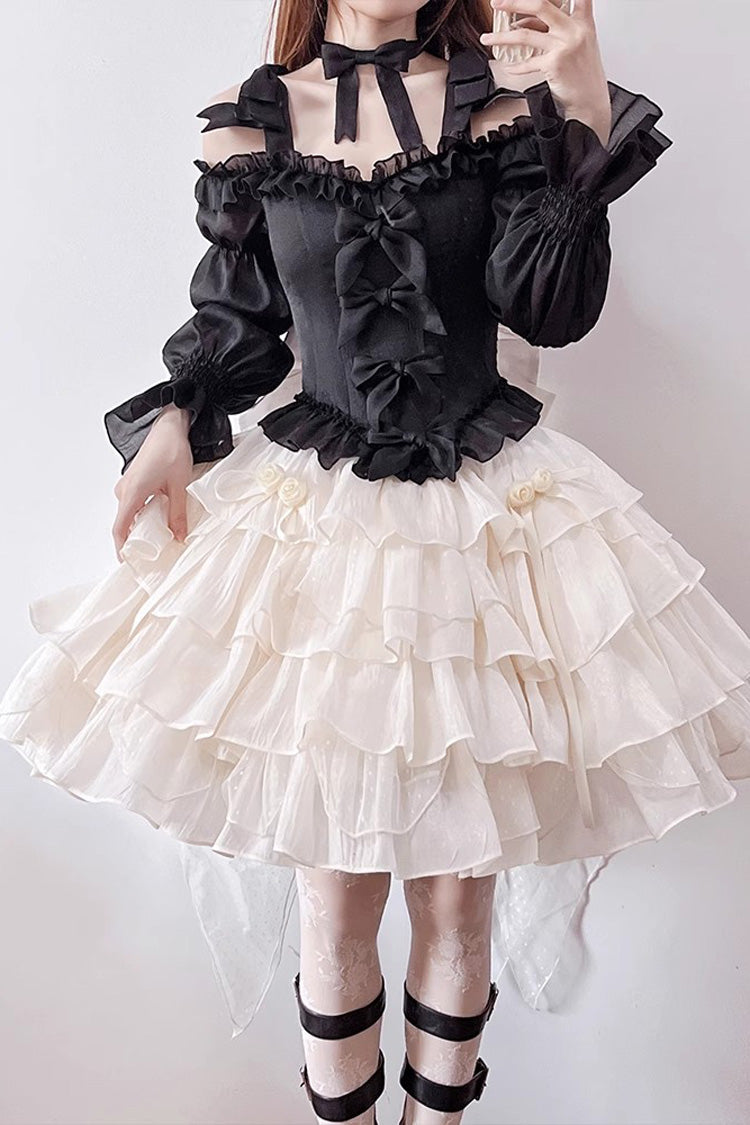 Schwarz/Aprikose Mehrlagiges Lolita Prinzessinnenrock-Set mit Rüschen