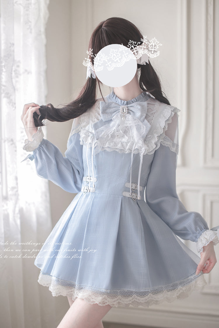 Aqua [Battement de cœur d'ange] Manches longues Nœud en dentelle Robe japonaise douce Jirai Kei 