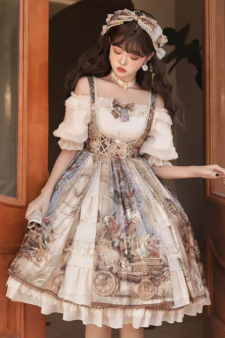 Brown [Cloria] Oil Painting Print Bowknot Lace Sweet Elegant Palace Lolita Jsk Dress