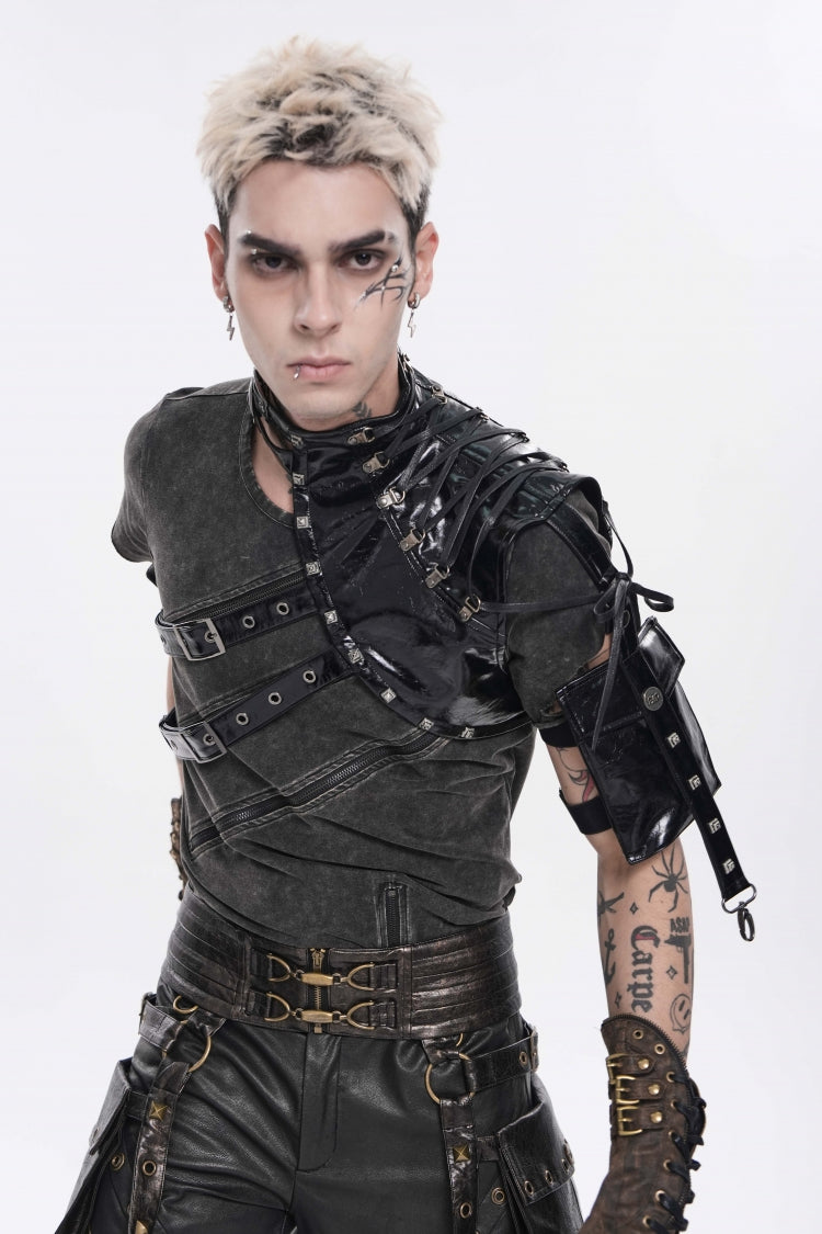 Schwarzer, schlanker, asymmetrischer, mit Ösen versehener Punk-Accessoire-Körperharnisch für Herren mit Schnürung