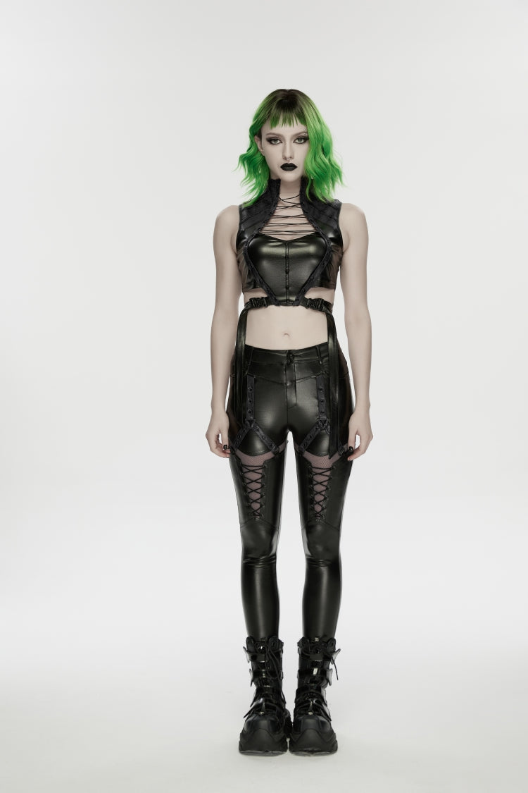 Schwarze, ausgeschnittene, gespleißte Ösen-Mesh-Damen-Punk-Leggings