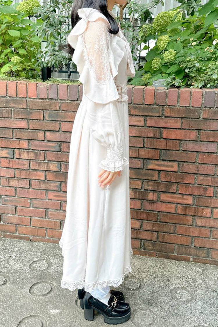 Weißes, schulterfreies, langärmliges, schulterfreies Jirai Kei-Kleid mit hohler Schleife