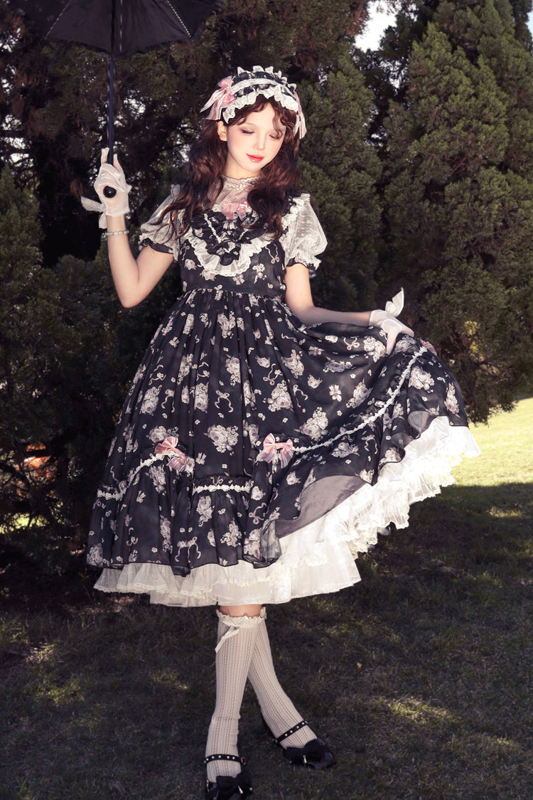 [Daydream Rose] Kurzärmliges Kleid mit Blumen-Jacquard-Print, Rüschenstickerei, Schleifenknoten, Sweet Lolita, in 3 Farben 