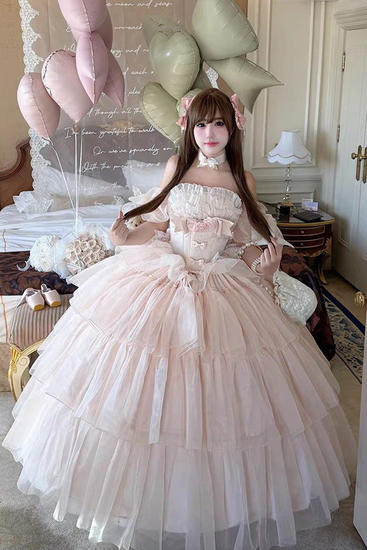 Robe Lolita douce rose [Mousse Love Song] sans manches multicouche à volants Hanayome Bow