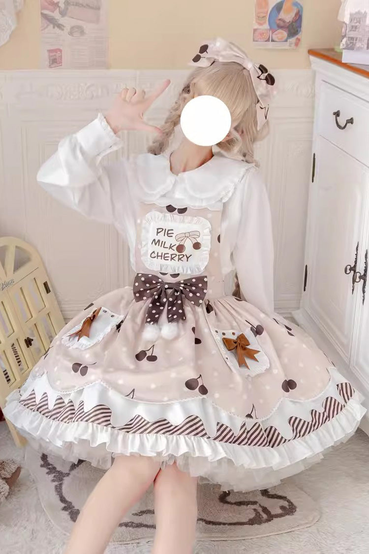 Multi-Color Cherry Milk Pie Print Ruffle Bowknot Stitching Sweet Lolita Jsk Dress