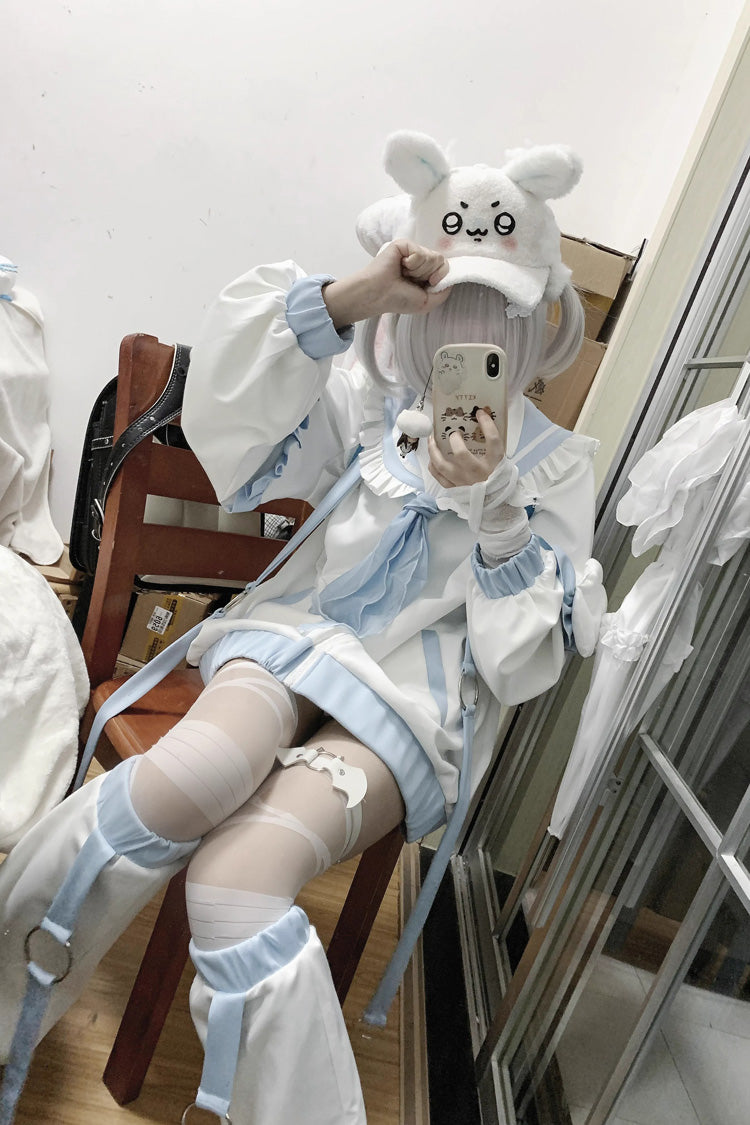 White/Blue Letter from an Angel Long Sleeves Print Jirai Kei Handsome Coat