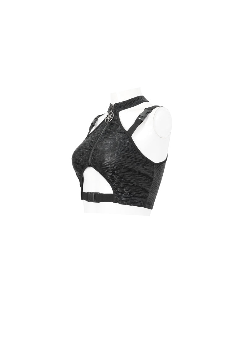Black Slim Knit Mechanic Computer Moire Adjustable Women's Punk Halter Vest