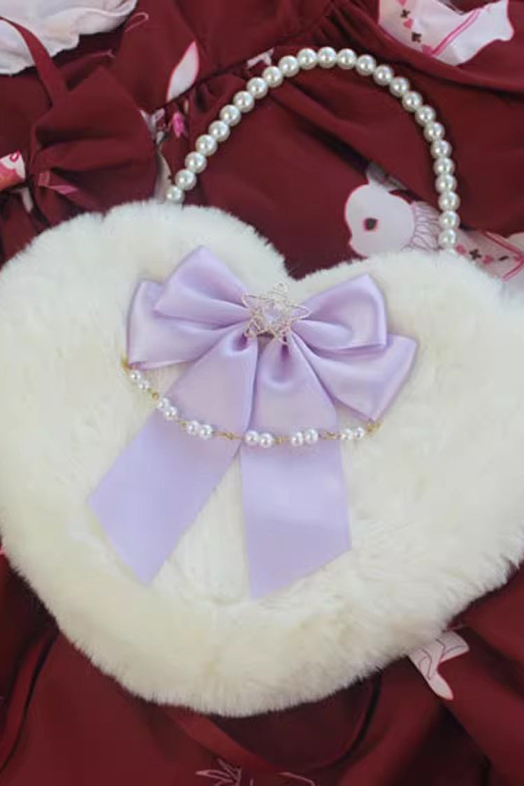Sac à main Lolita doux avec nœud papillon en forme de cœur duveteux et perles, 17 couleurs 